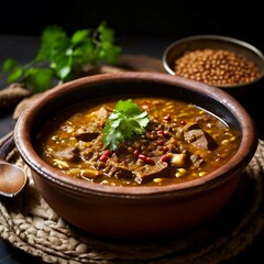 bowl of haleem with chicken pieces
