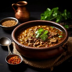bowl of haleem with chicken pieces
