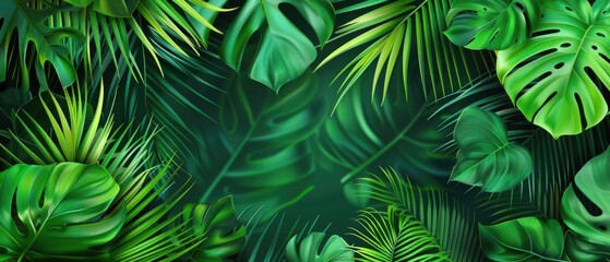Tropical leaves background, banner with green floral pattern