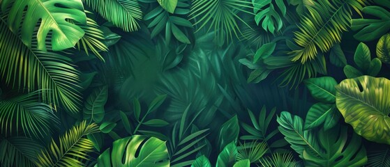 Tropical leaves background, banner with green floral pattern