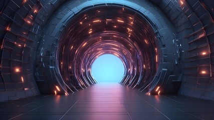 cyber tunnel of the future. Modern sci-fi wormhole. 3D abstract wireframe doorway with dots and connections. Grid funnel technology.