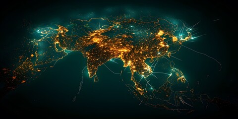 A digital map of the Asian continent, with red and blue glowing lines connecting cities across various countries. The background is a dark black, creating an atmosphere of mystery and intrigue.
