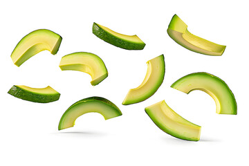 Falling avocado slices isolated on white background