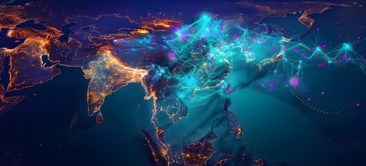 A digital map of the Asian continent, with red and blue glowing lines connecting cities across various countries. The background is a dark black, creating an atmosphere of mystery and intrigue.