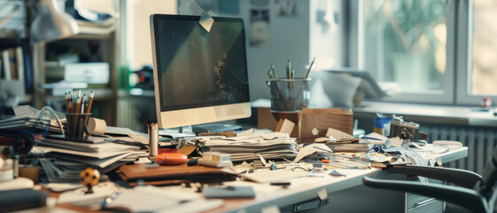 Chaotic workplace with an overflowing desk of clutter in warm, sunny room.