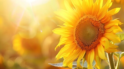 Obraz premium Vibrant Sunflower Closeup Petals Glowing in Soft Golden Sunlight Serene Background