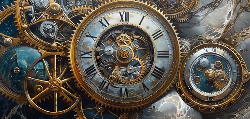 Obraz premium Craft a photorealistic oil painting showcasing the intricate gears and mechanisms of a celestial clock, symbolizing the precision and beauty of the universe