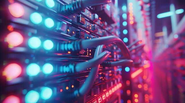 Installation of state-of-the-art fiber optic modules in a server rack, focus on the high-speed network cables, futuristic tech environment