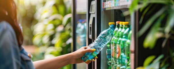 A woman in a casual outfit is choosing a bottle of water from an outdoor vending machine.