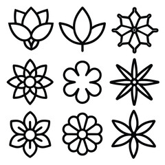 Set of Solid black outline Flower vector line icon design