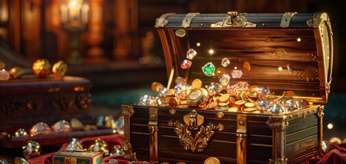A dynamic 3D render of a treasure chest bursting open with gems