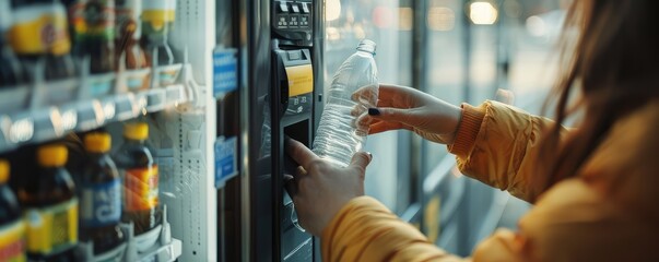 A woman in a casual outfit is choosing a bottle of water from an outdoor vending machine.