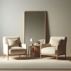 "Two cozy, fabric-upholstered armchairs facing a full-length mirror on a plain wall in a minimalist room, with a small wooden side table between them and a neutral-toned area rug underfoot."