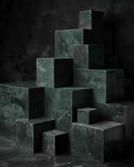 A scene in a minimalist photo studio with black cubes of mixed sizes