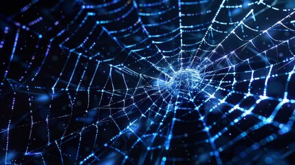 Obraz premium A digital spider web with data at the center and interconnected threads representing secure transactions in blockchain.