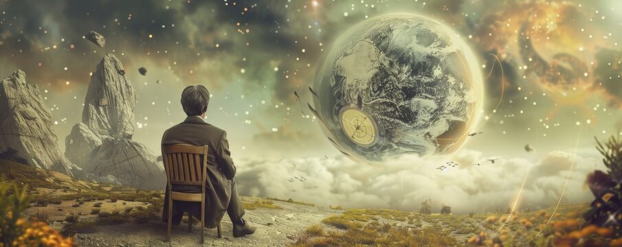 Craft a thought-provoking image of The Grandfather Paradox with a mix of traditional and digital techniques, focusing on the theme of causality and time loops