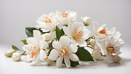A bouquet of white jasmine flowers with orange centers.

