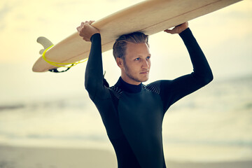 Surfer, thinking and man at beach with board for adventure or relax in summer, holiday or vacation....