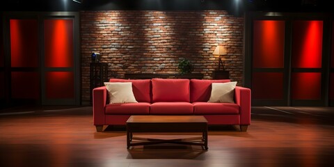 Vacant talk show set with empty sofa and stage lighting. Concept Talk Show Set, Empty Sofa, Stage Lighting, Vacant, Entertainment