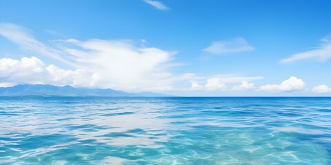 Fototapeta premium Photo of serene seascape with clear blue ocean sky and calm water. Concept Seascape Photography, Clear Blue Sky, Calm Water, Tranquil Ocean View