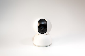 Smart home security camera. Webcam white background. Copy space.