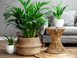 Modern living room with vibrant houseplants in woven baskets and white pots, creating a fresh, natural, and inviting home decor setting.