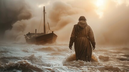 Person in heavy coat wading through stormy waters with a ship in the background under a dramatic, cloudy sky.