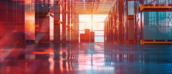 Warehouse logistics management close up, focus on, copy space, vibrant colors, Double exposure silhouette with storage racks