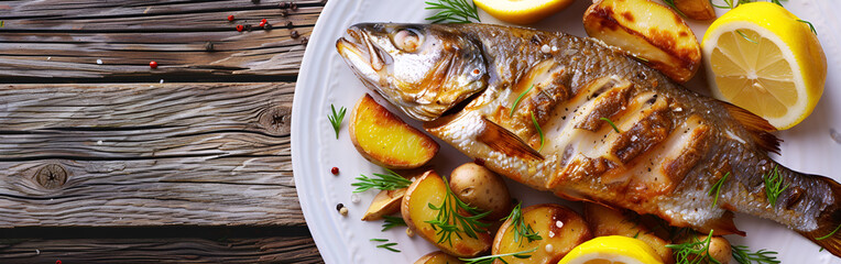 fresh fry fish with lemon is on white plate and on the wooden background