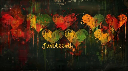 Juneteenth - lettering on background with painted hearts in red, green and yellow colors. Modern calligraphy handlettering. Freedom Day concept.