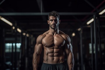 A man with a muscular body is standing in a gym