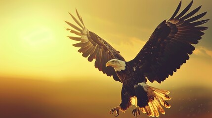 Obraz premium front view shot of a bald eagle flying with open claws in a golden clear sky. copy space for text.