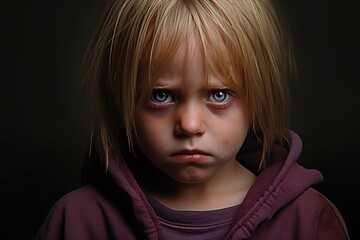 A young girl with a purple hoodie on her head and a frown on her face