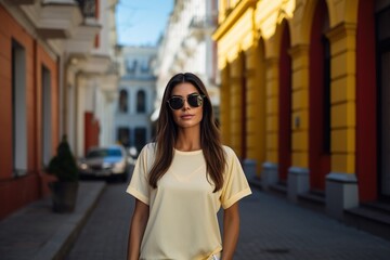 Obraz premium A woman wearing sunglasses and a yellow shirt stands on a city street