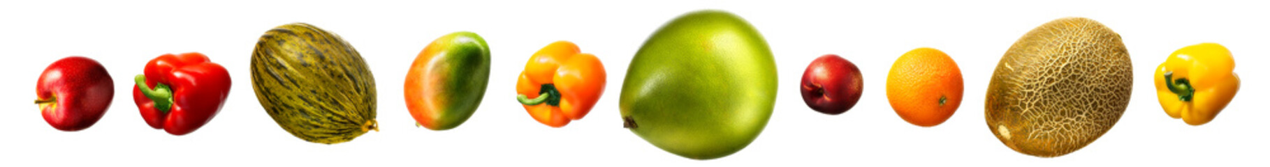 Group of fruits isolated on white background like mango. apple and orange
