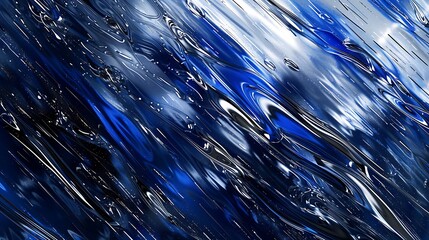An abstract rainstorm, where cobalt blues and silver streaks merge in a symphony of water
