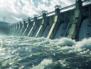 Tilted-angle view of a modern hydroelectric dam
