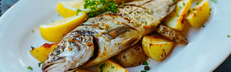 fresh fry fish with lemon is on white plate and on the wooden background