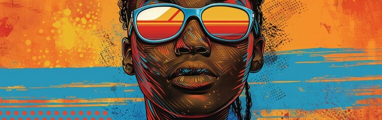 Painting of a young African American woman wearing sunglasses at the beach in summer