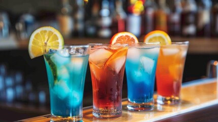 A bar with a variety of drinks including a blue drink, a pink drink, a red drink, and a green drink