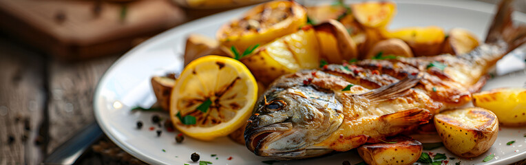 fresh fry fish with lemon is on white plate and on the wooden background