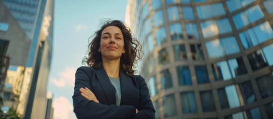 Fototapeta premium Confident Smiling Caucasian Businesswoman, Crossed Arms, Corporate Buildings, Leadership, Empowerment, Low-Angle Shot, Copy Space.