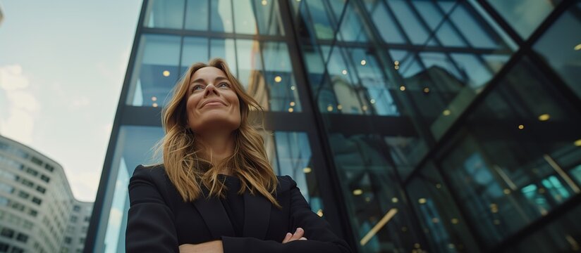 Confident Smiling Caucasian Businesswoman, Crossed Arms, Corporate Buildings, Leadership, Empowerment, Low-Angle Shot, Copy Space.