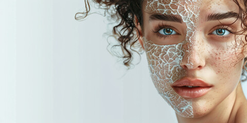 banner for cosmetology services, the face of a beautiful young woman with problematic chapped skin on a light background
