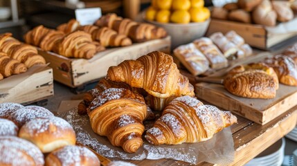 Freshly Baked Croissants and Pastries on Bakery Counter, Tempting Display.
