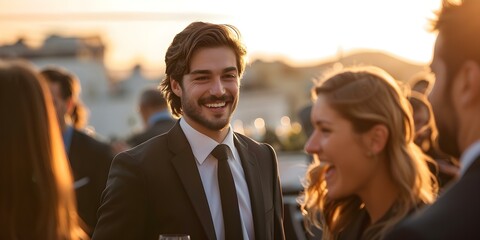 Business professionals having fun at a rooftop party. Concept Rooftop Party, Business Networking, Office Fun, Casual Attire, Socializing