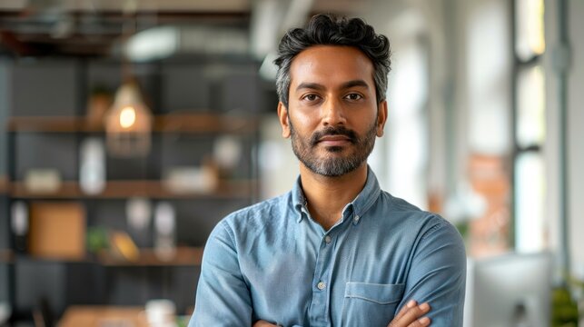 Portrait of an Indian man that captures the essence of a successful businessman's journey within the lively atmosphere of a modern startup office.
