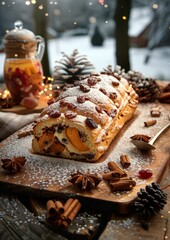 Fototapeta premium Stollen - Fruit bread with marzipan, powdered sugar, and dried fruits. 