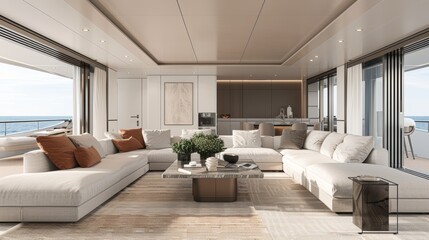 Luxury Yacht Interior Design with Panoramic Ocean Views and Opulent Materials.