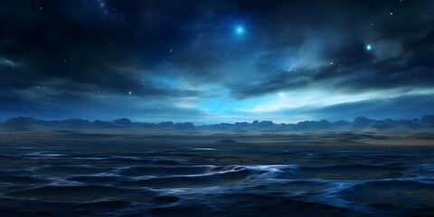 Cosmic Blue Laser Lights Illuminating an Abstract Dark Energy Field Under Stormy Skies. Concept Abstract Art, Cosmic Energy, Laser Lights, Dark Field, Stormy Skies